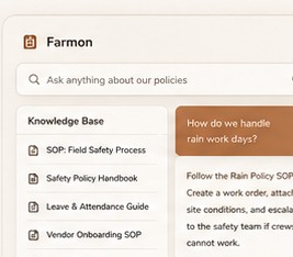 Farmon knowledge base agent answering a question from construction docs and SOPs